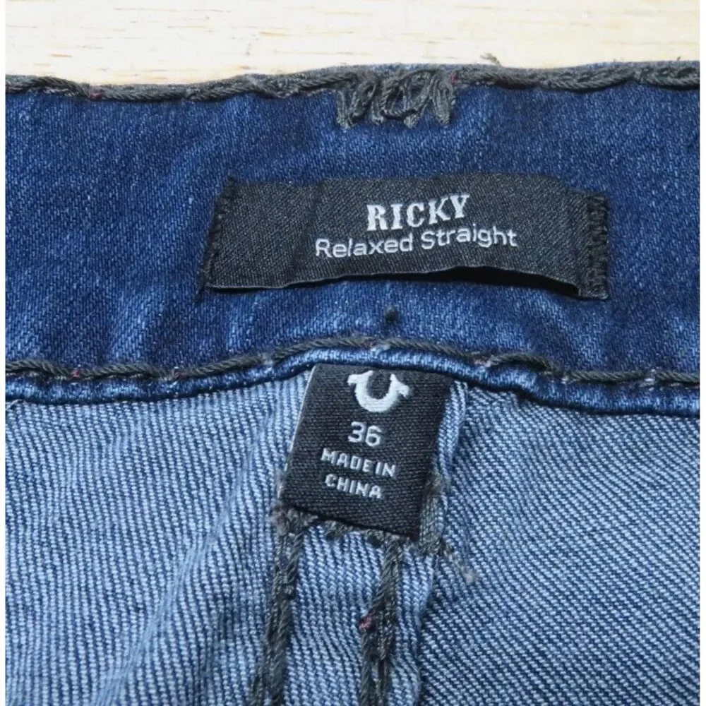 Mens True Religion Jeans Size 36x34 Cotton USA Ricky‎ Relaxed Straight Leg Blue
